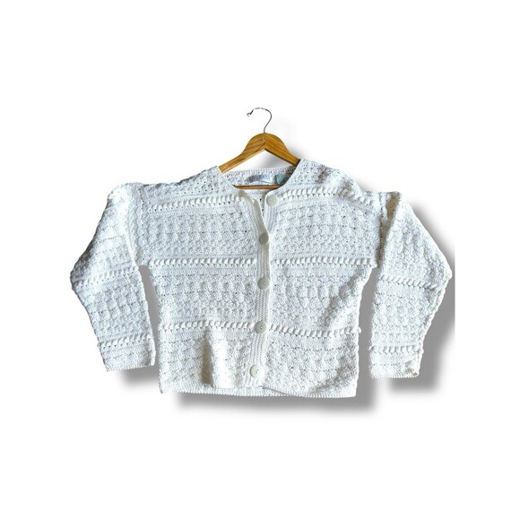 Vintage White Knit Cardigan Button Front Hand Knit Sweater Womens Medium - Picture 6 of 16